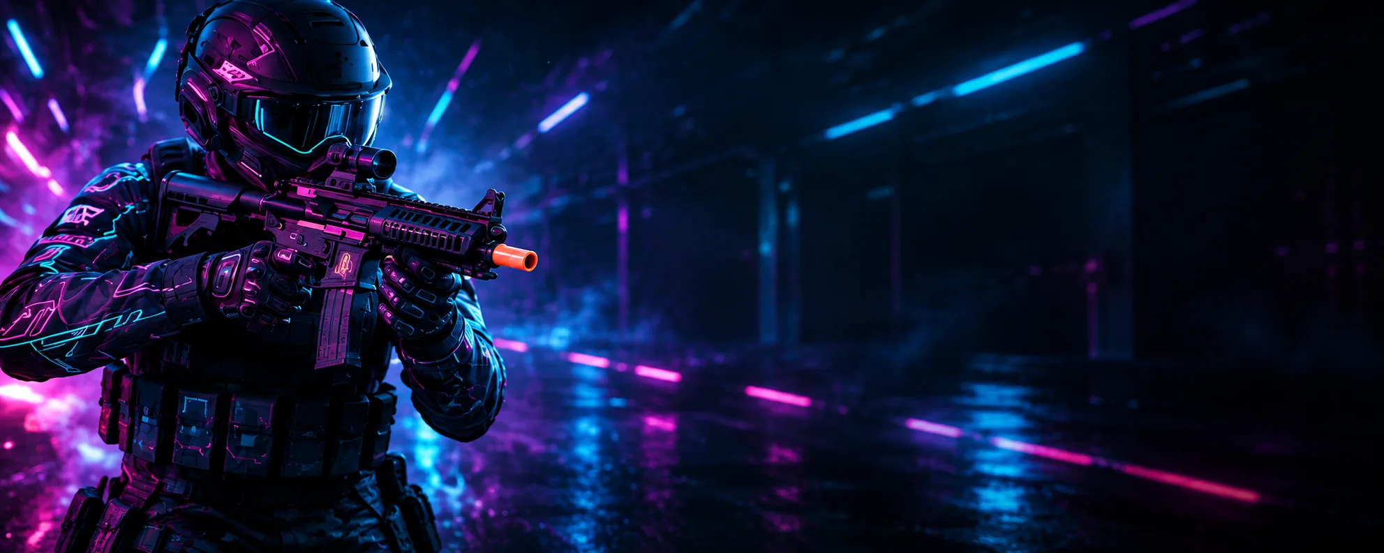 Airsoft-Spieler mit Schutzausrüstung in einer neonbeleuchteten Umgebung